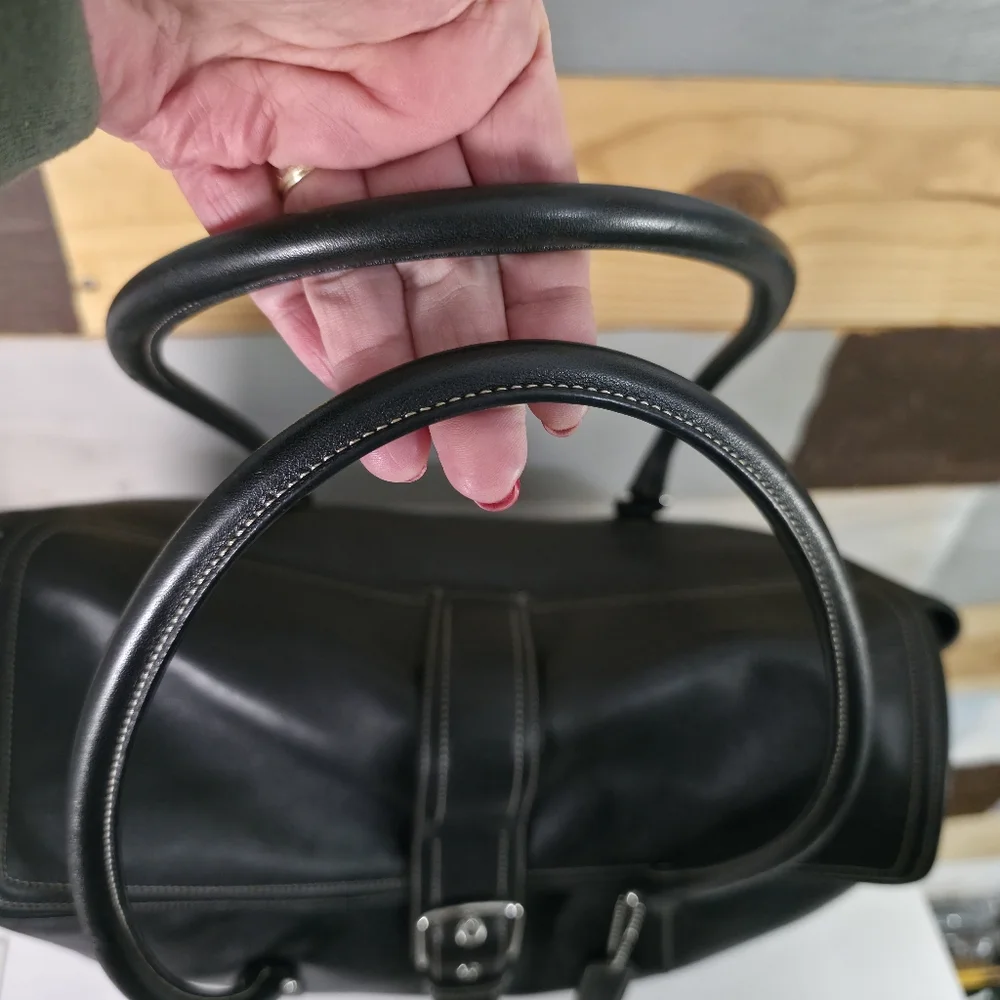 Coach Black Leather Travel Tote Bag with Buckle Strap